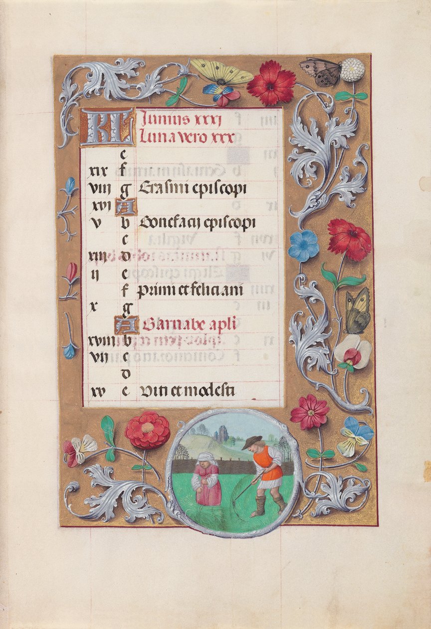 Ore di Isabella la Cattolica, regina di Spagna: Fol. 7r, giugno, c. 1500 da Master of the First Prayerbook of Maximillian
