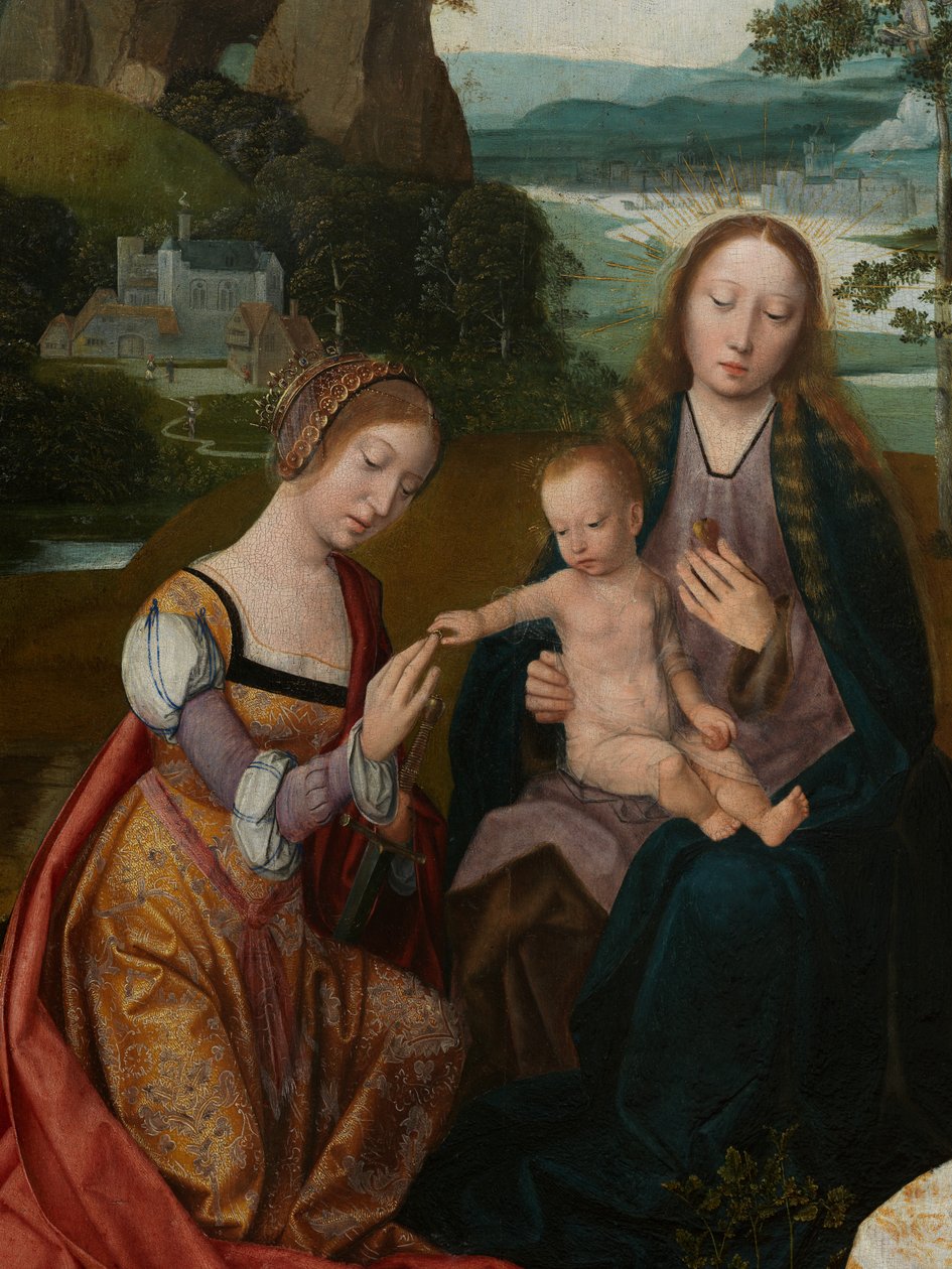 (dettaglio) del pannello centrale della Vergine e il Bambino con Santa Caterina e Santa Barbara, c.1520-25 da Master of the Holy Blood