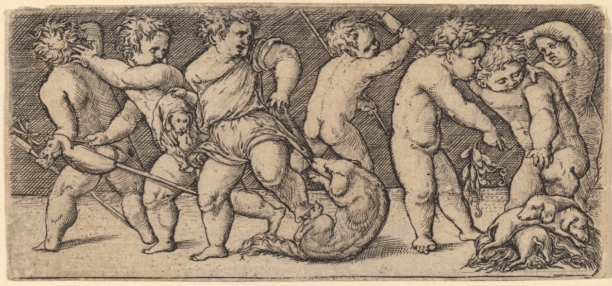 Bambini che Giocano con una Cagna e Tre Cuccioli da Master of the Horse Heads
