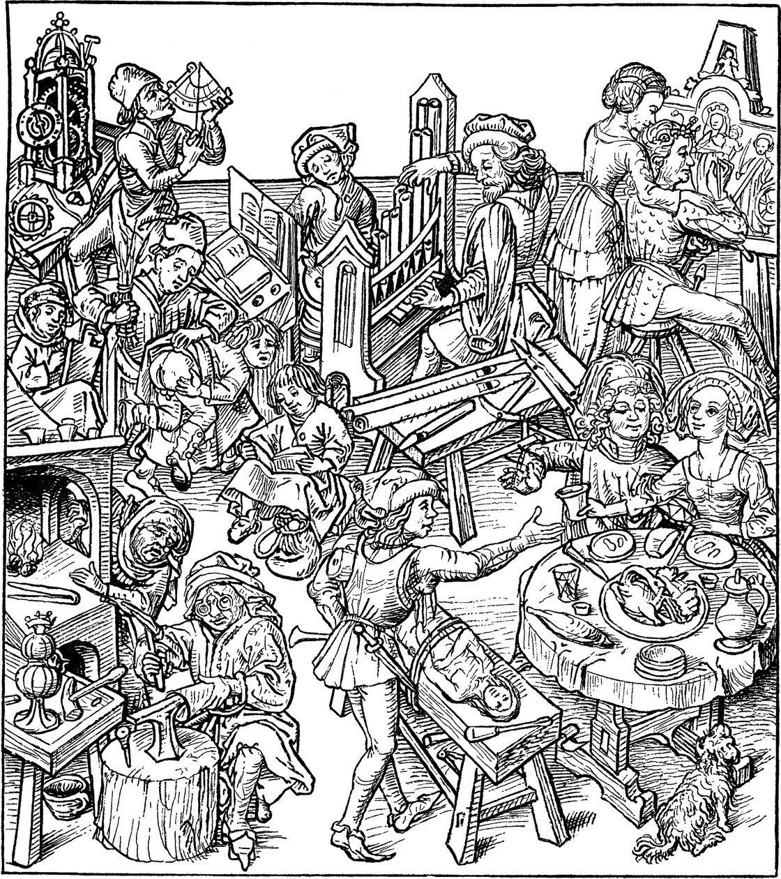 Mercurio e i suoi figli. Illustrazione dal Housebook da Master of the Housebook