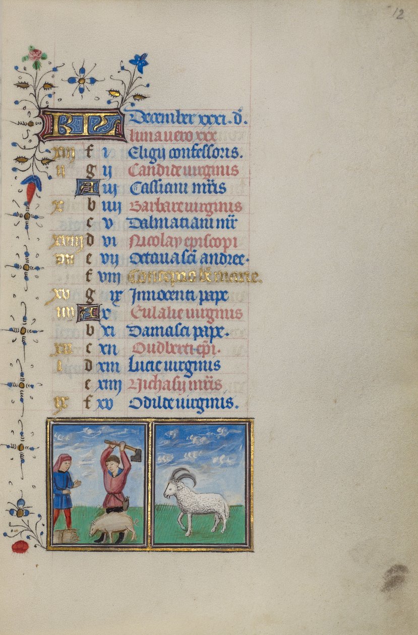Pagina del calendario di dicembre; Macellazione di un maiale; Capricorno da Master of the Lee Hours