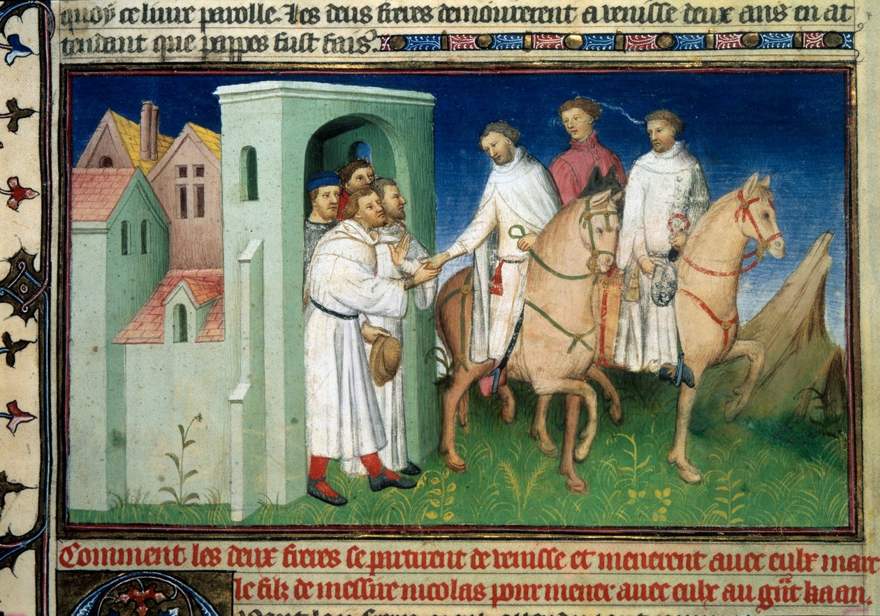 Matteo e Niccolò, i fratelli Polo che lasciano Venezia. Miniatura tratta dal Libro delle Meraviglie di Marco Polo da Master of the Mazarine