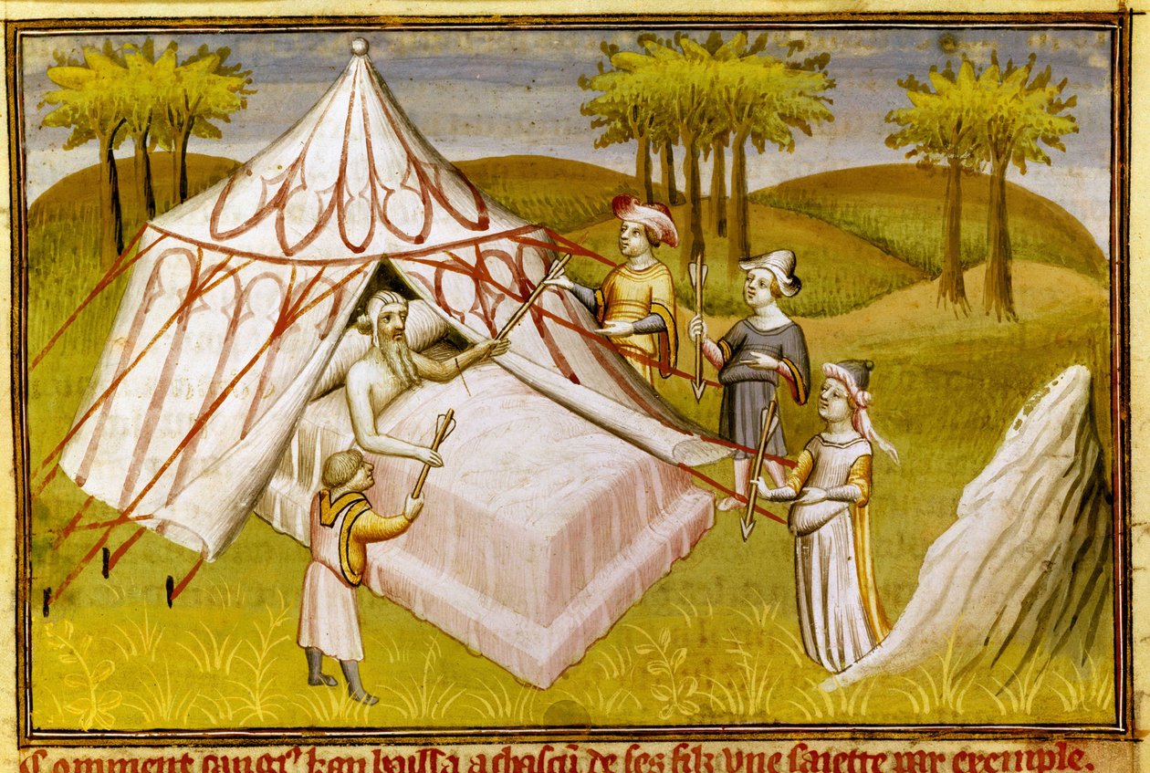 Il leader mongolo Gengis Khan sul letto di morte che dà le sue ultime raccomandazioni ai suoi figli, c.1410 (miniatura) da Master of the Mazarine