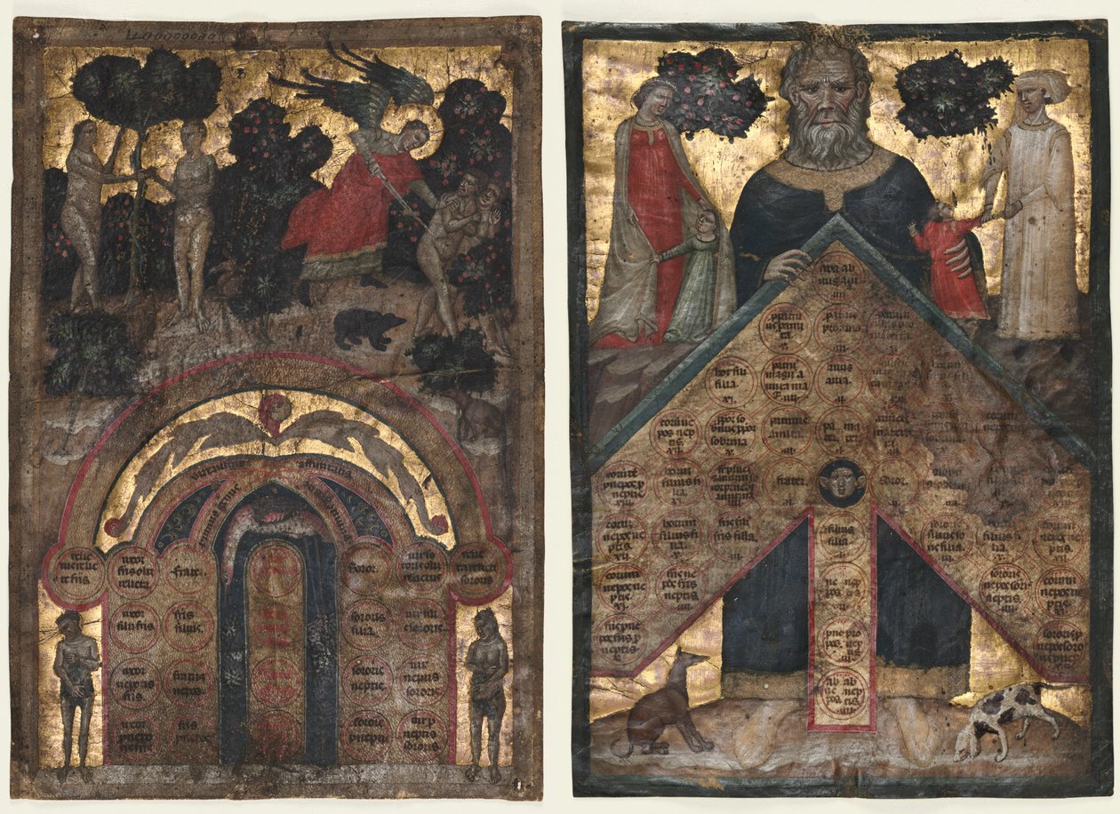 Foglie da un volume di Johannes Andrea "Lectura super arboris consanguinitatis et affinitatis: Tabella di affinità e tabella di consanguineità" da Master of the Register of 1328