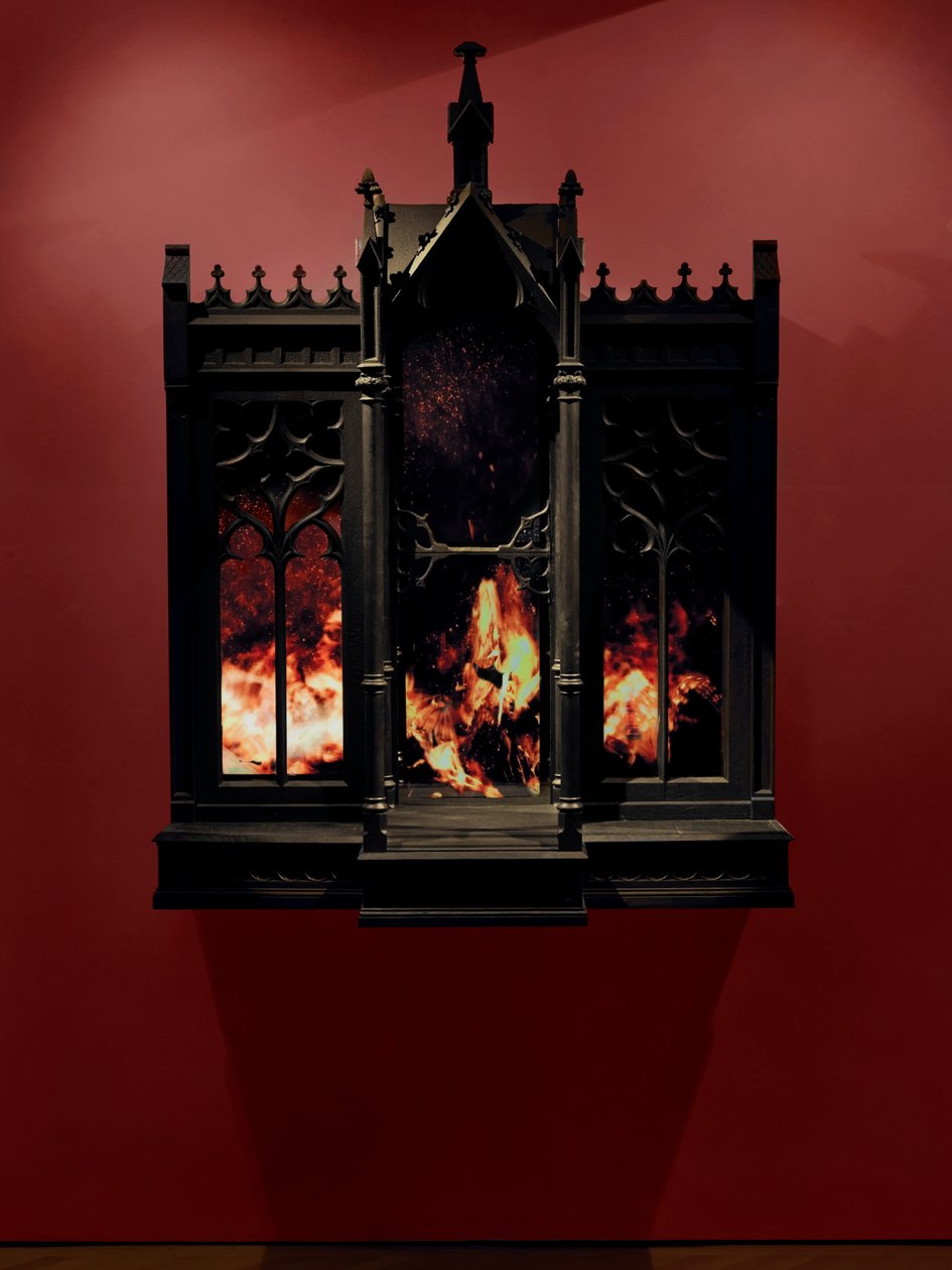 Performance, 2010 (legno, acciaio, specchio di sorveglianza, schermi LCD e hard disk) da Mat Collishaw