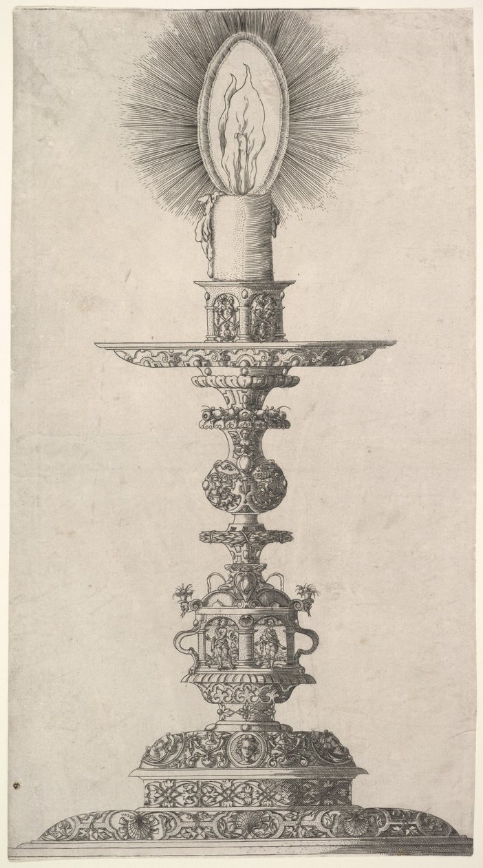 Candeliere con candela accesa da: Insigne Ac Plane Novum Opus Cratero graphicum, Ein n..., 1551 da Mathias Zundt