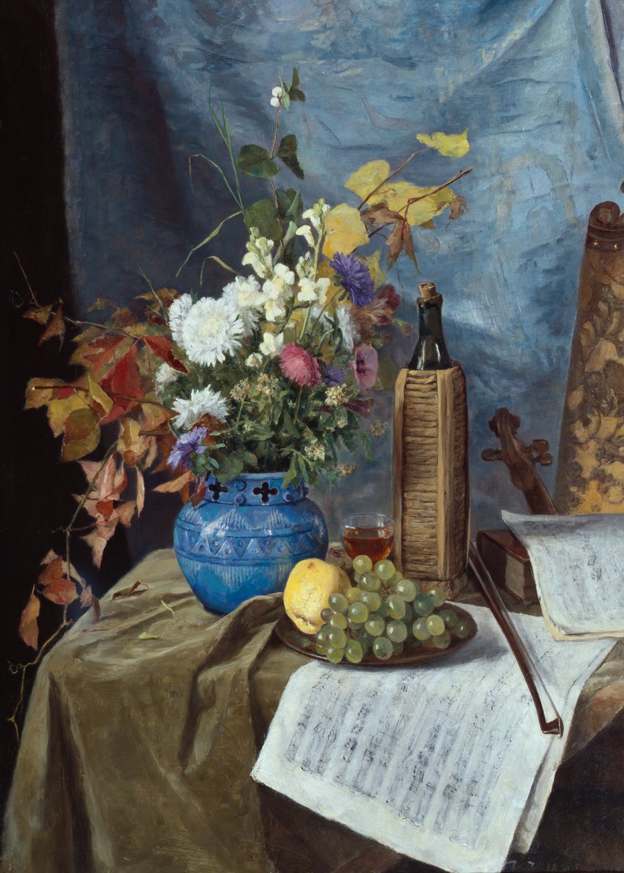Composizione con bottiglia di vino, fiori e frutta da Mathilde Dietrichson