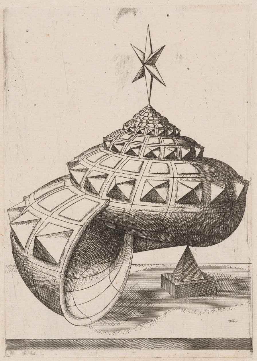 Prospettiva di una conchiglia sfaccettata bilanciata su una piramide da Mathis Zündt, after Hans Lencker