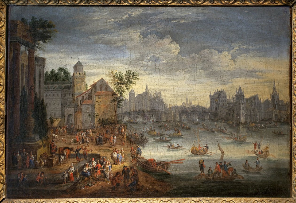 Veduta di Parigi con il Pont Neuf. Dipinto attribuito a Mathieu Schoevaerdts (fine XVII secolo), olio su tela da Mathys Schoevaerdts