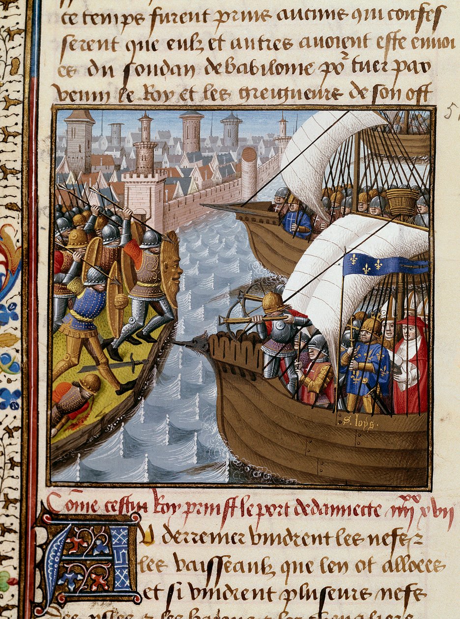 Settima crociata: Re San Luigi e i crociati che assediano Damietta nel giugno 1249 in Basso Egitto. Miniatura tratta dal manoscritto Speculum historiale di Vincent de Beauvais da Maître François