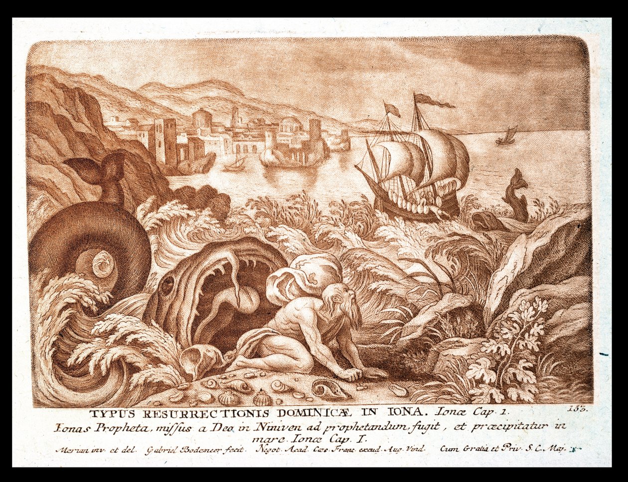 Giona e la balena, illustrazione da una Bibbia, inciso da Gabriel Bodeneer da Mattaus the Younger Merian