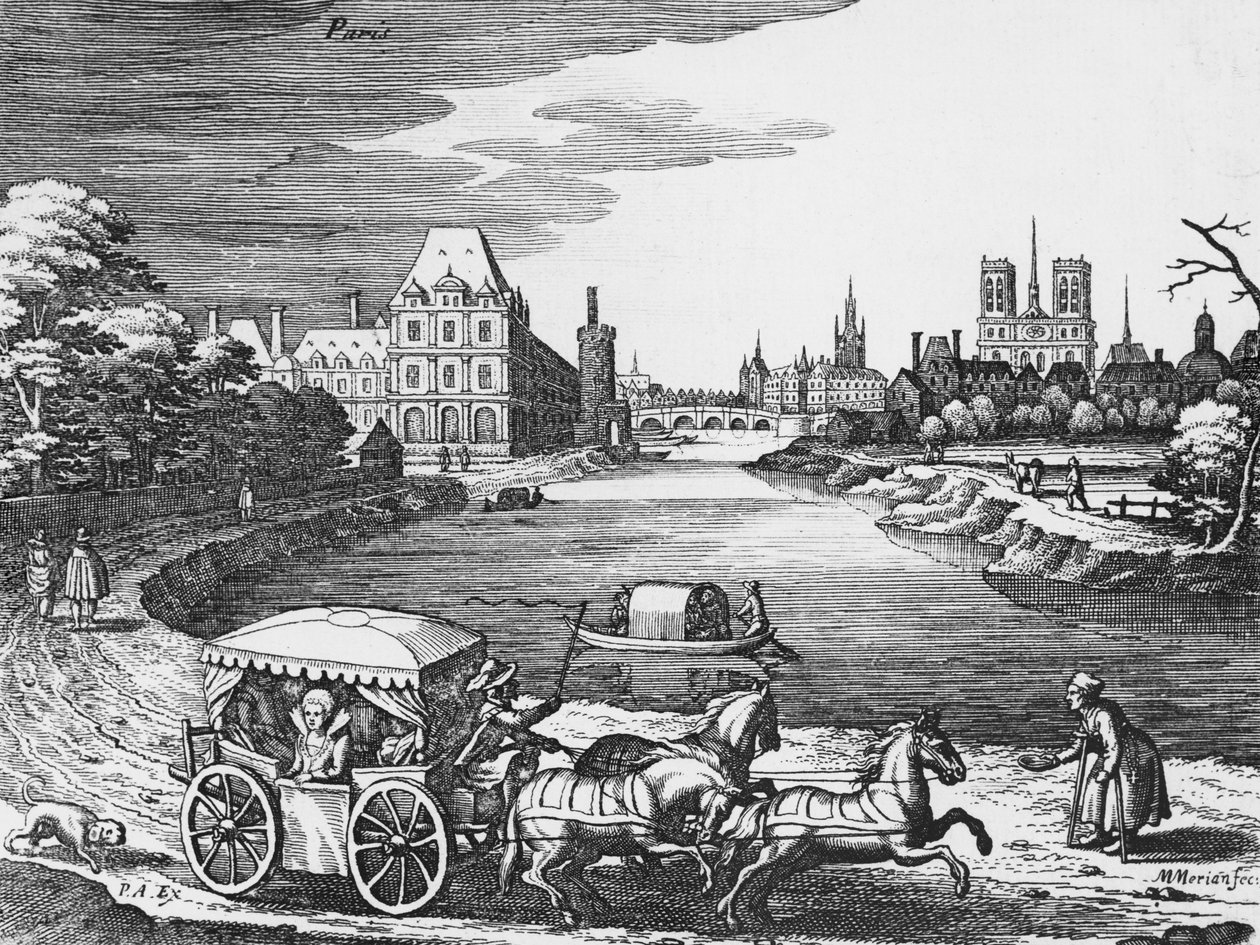 Vista del Louvre e delle Tuileries con una diligenza in primo piano da Mattaus the Younger Merian