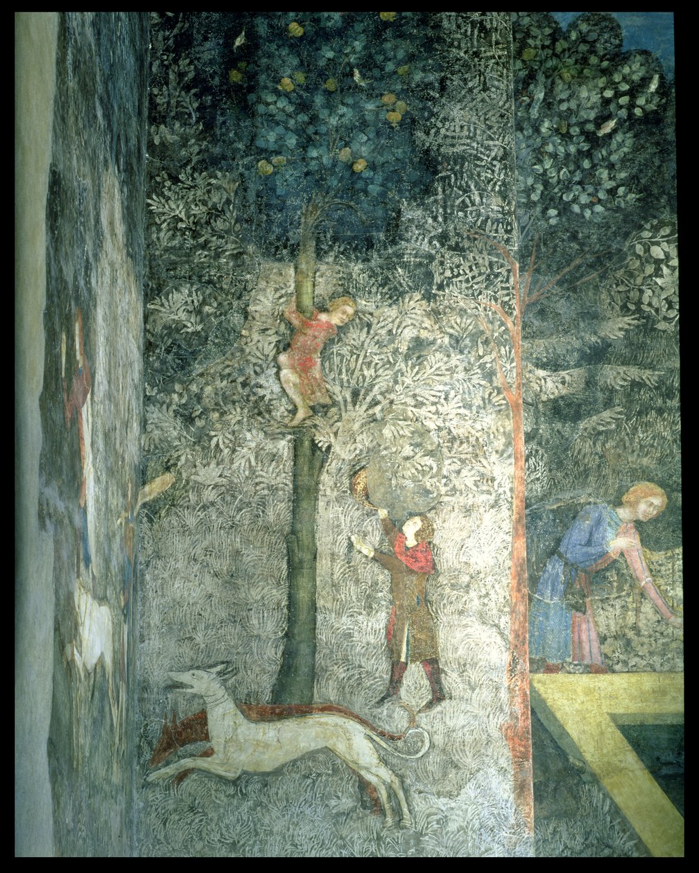 Cani da caccia e uomini che salgono su un albero, (dettaglio decorativo) da Matteo Giovanetti
