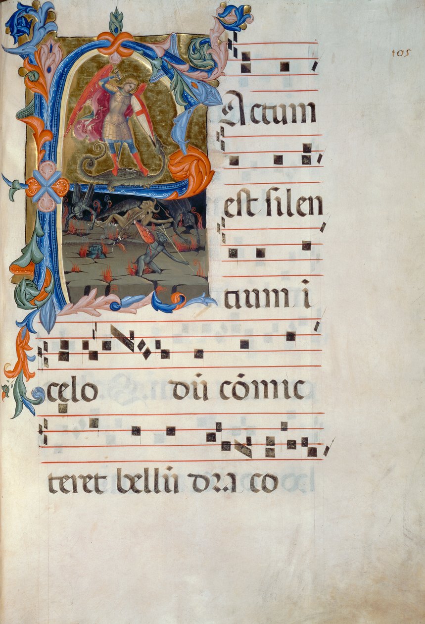 San Michele Arcangelo sconfigge i demoni. Miniatura attribuita a Matteo Torelli, da un antifonario del 1394 (Corale 5, c. 105v) da Matteo di Filippo Torelli