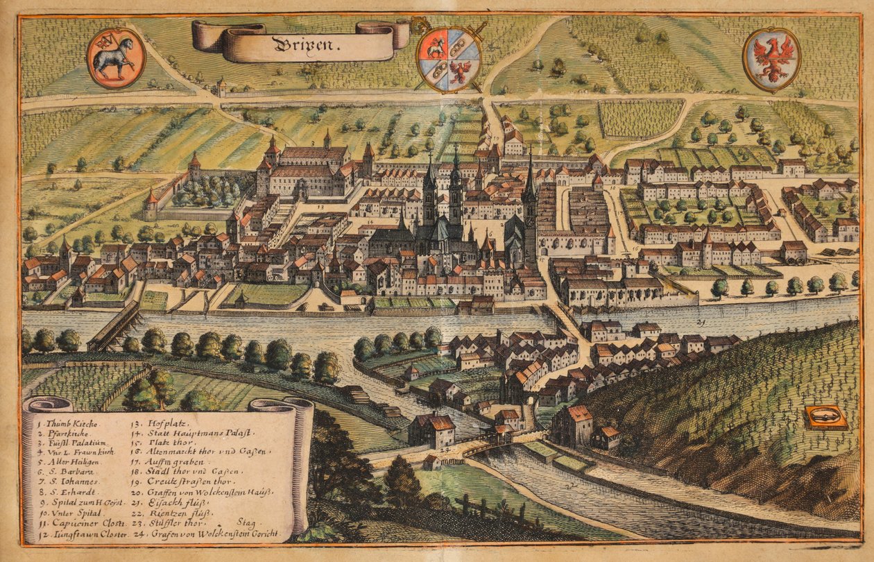 Vista su Bressanone colorata da Matthaus Merian