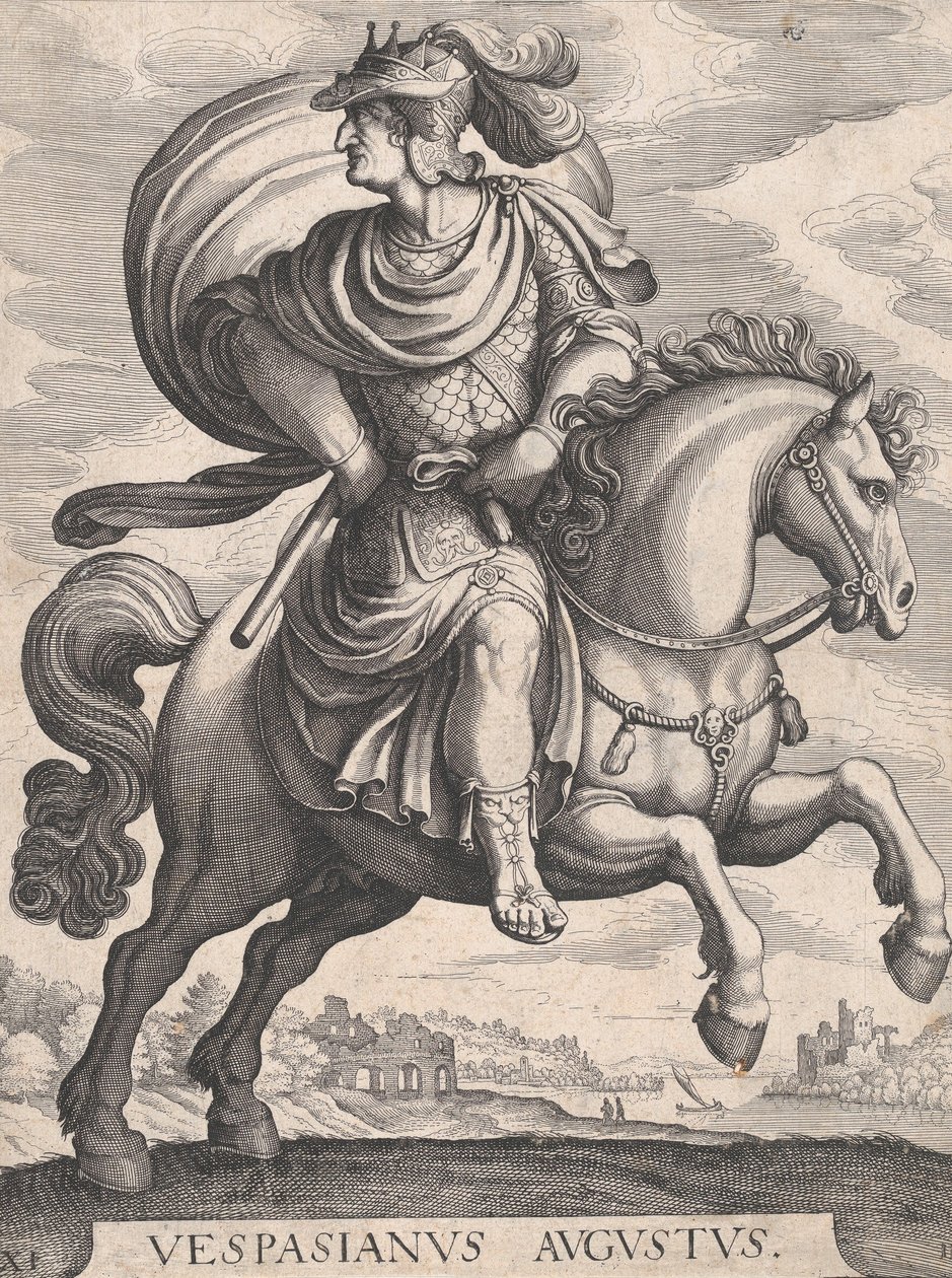 Imperatore Vespasiano a cavallo, dalla serie I primi dodici Cesari romani, tavola 1 da Matthaus Merian