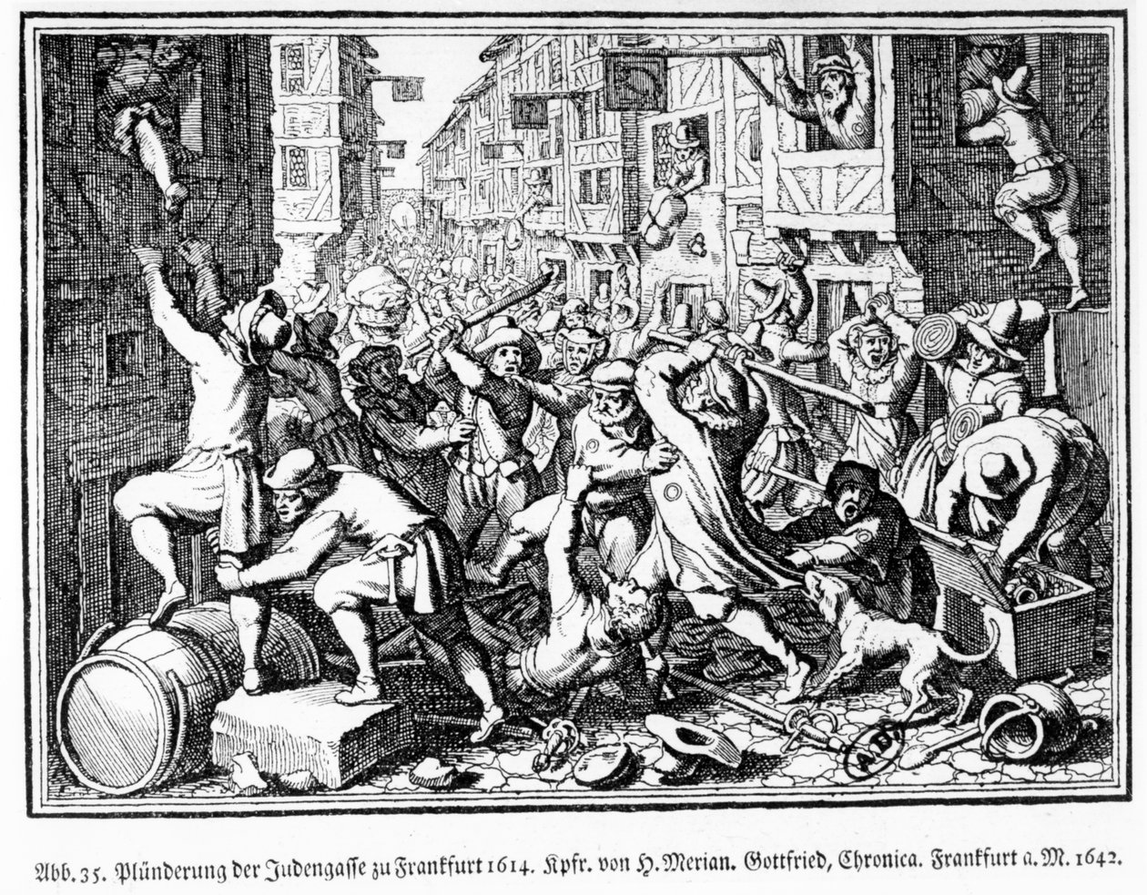Sacco del quartiere ebraico durante le rivolte di Fettmilch a Francoforte il 22 agosto da Matthaus the Elder (after) Merian
