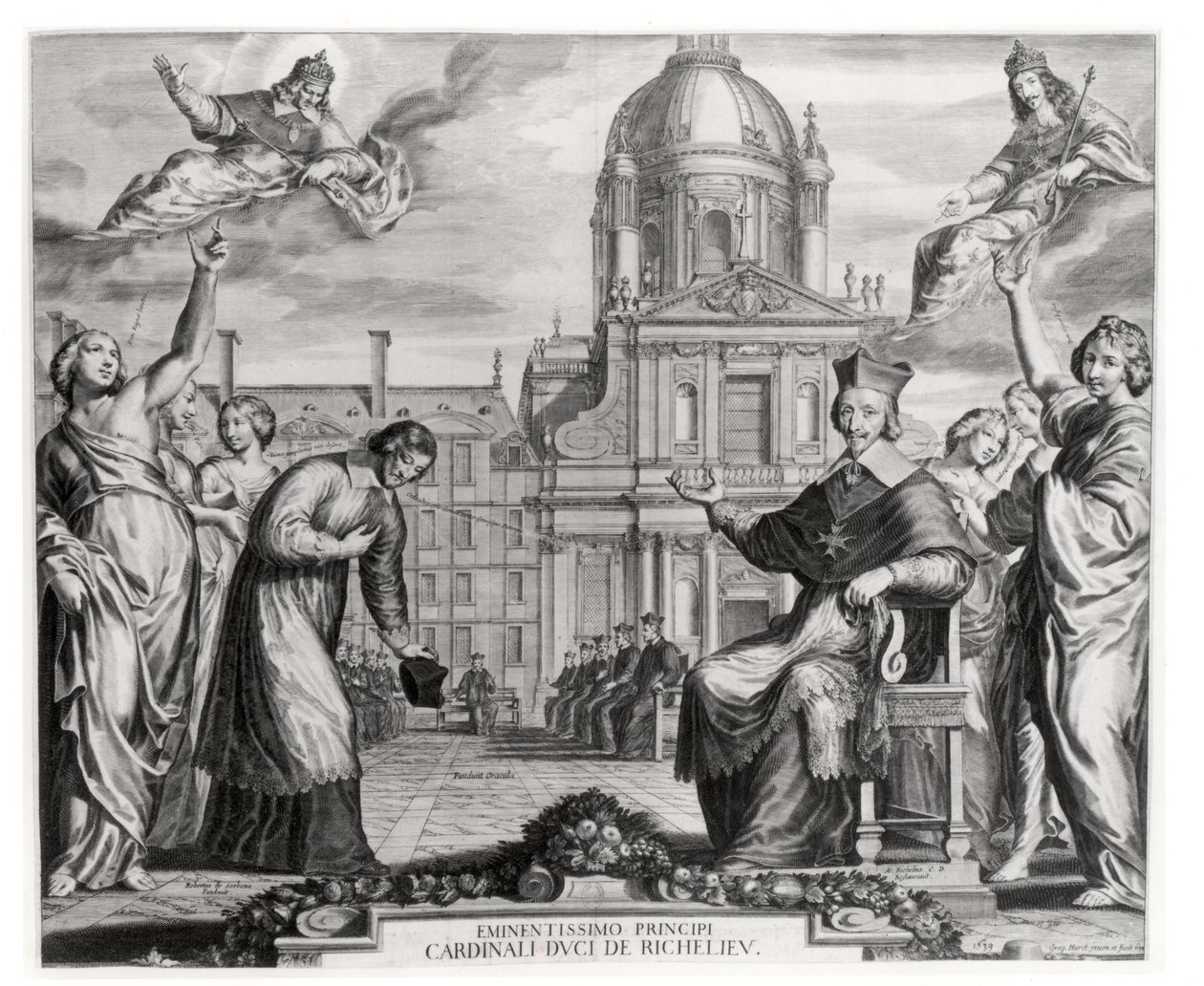 Robert de Sorbon (1201-94) e il Cardinale Richelieu (1575-1642) davanti alla Sorbona, inciso da Gregoire Huret (1606-70) 1639 da Matthaus the Elder Merian