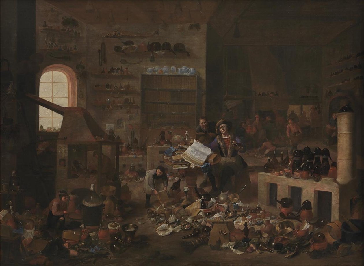 Un alchimista nel suo laboratorio da Mattheus van Helmont