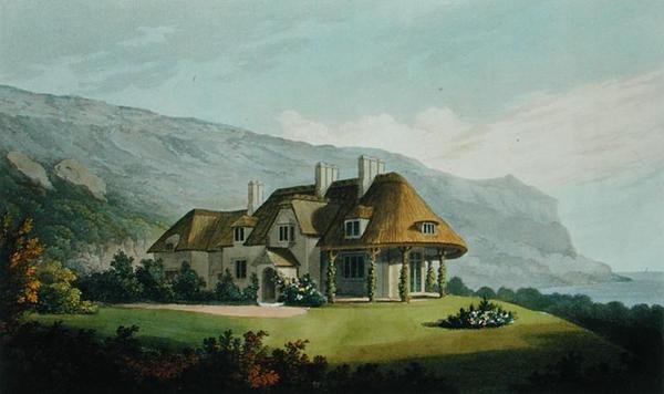 Villa sul mare con tetto di paglia per James Vine Esq., a Puckaster, Isola di Wight, da Villa Architecture: una raccolta di vedute, con piani, di edifici eseguiti in Inghilterra e Scozia, di Robert Lugar, pub da Matthew Dubourg