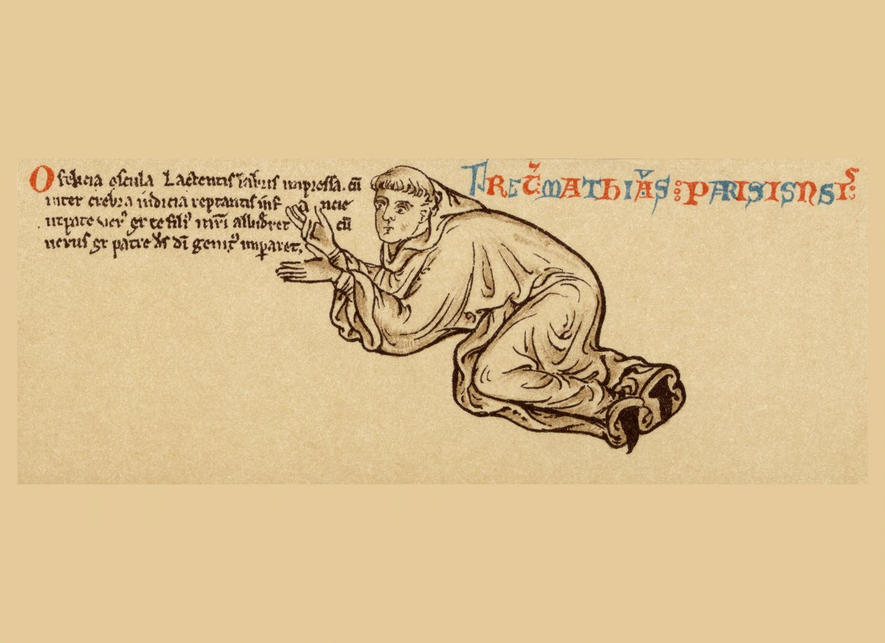 Autoritratto inginocchiato ai piedi della Vergine e del Bambino (dettaglio) da Matthew Paris