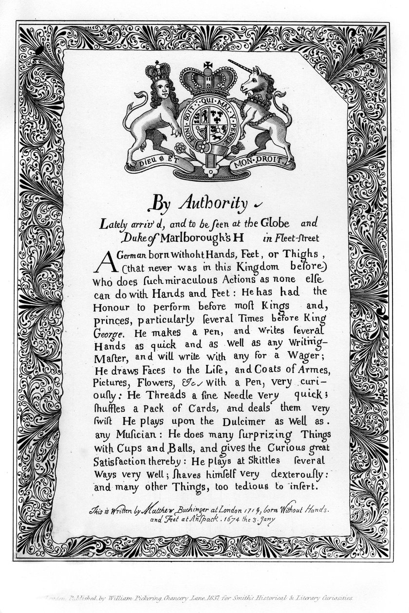 Manifesto calligrafico di Matthew Buchinger, nano di Norimberga da Matthew Buchinger
