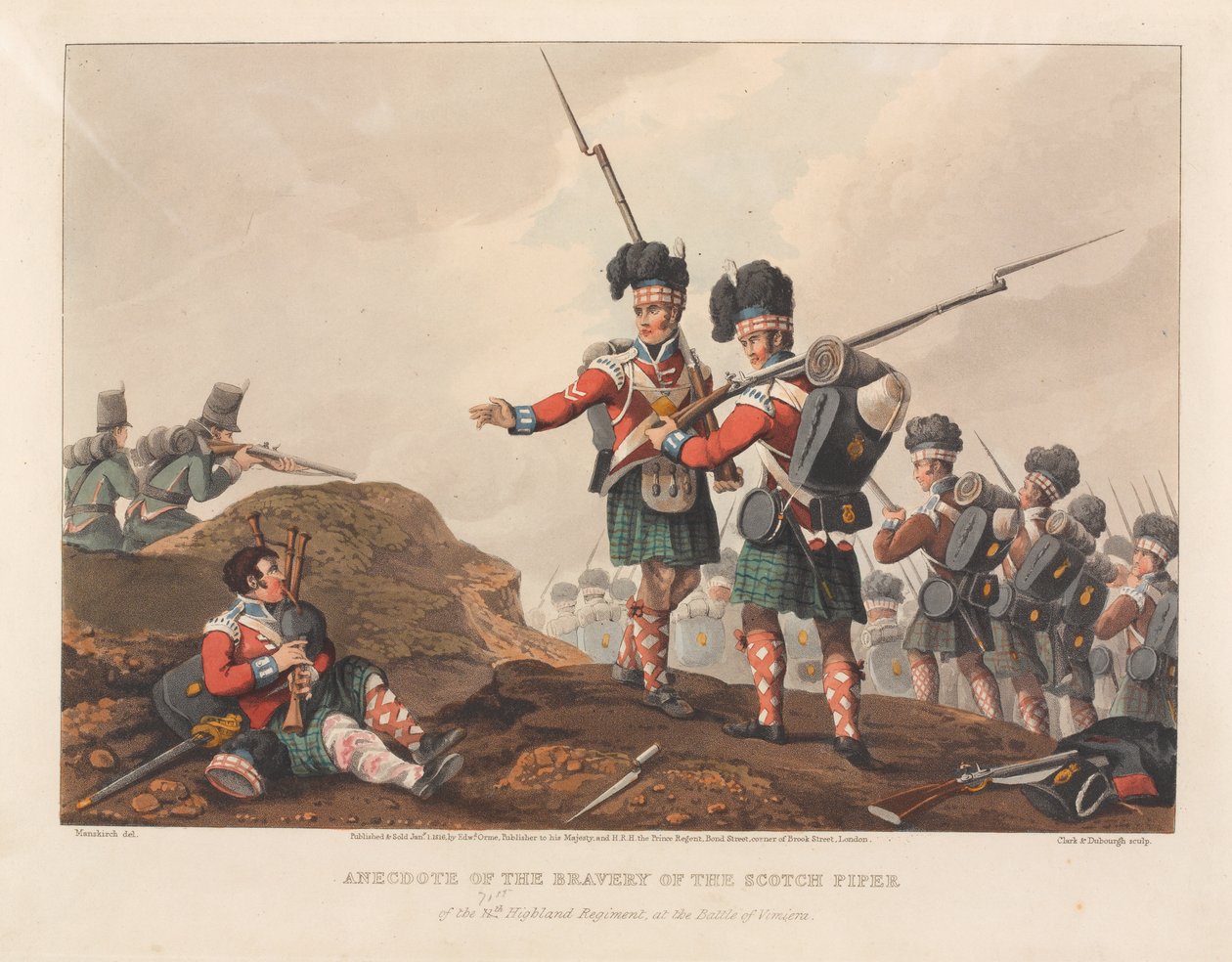 Aneddoto del coraggio del pifferaio scozzese del 71° Reggimento Highland, alla Battaglia di Vimiero da Matthew Dubourg
