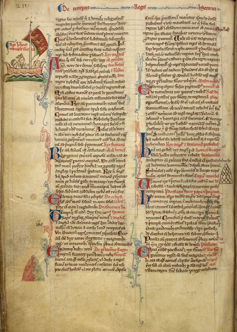 Royal 14 C. VII, f.116v Disegno marginale di Re Enrico III che attraversa il Canale della Manica verso la Bretagna, con parte del testo di accompagnamento scritto a mano dall