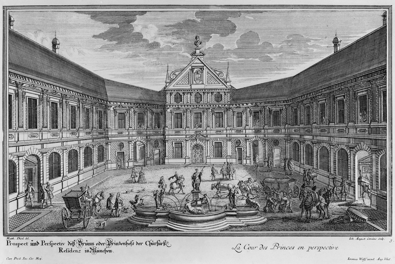 Palazzo a Monaco, Germania, inciso da Johann August Corvinus da Matthias Diesel