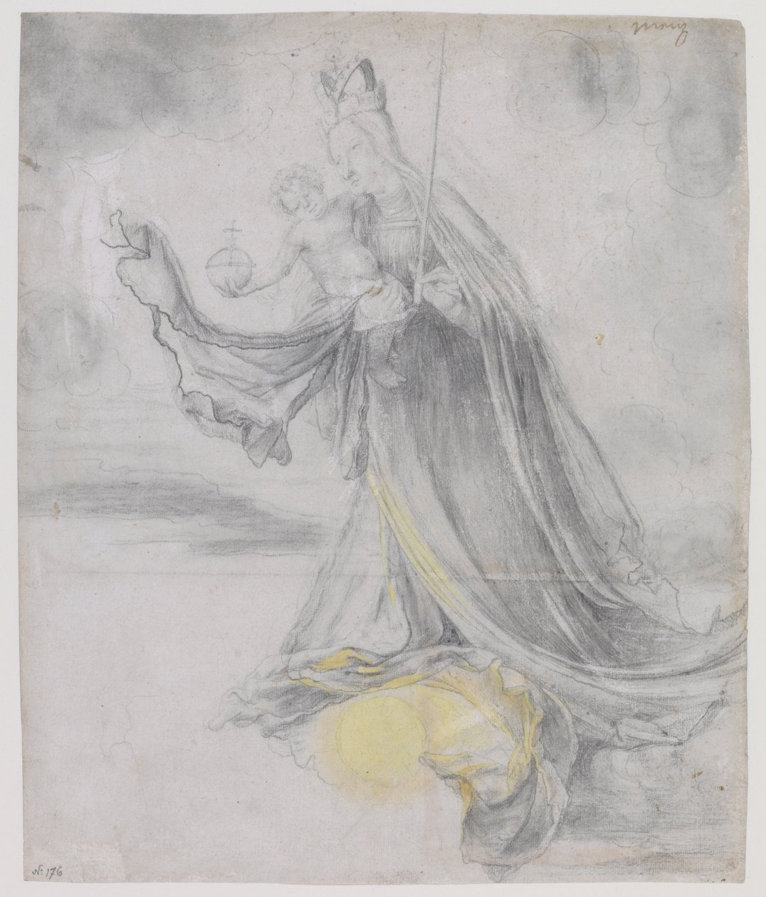 Vergine con Bambino tra le nuvole, 1509-11 circa (carboncino e colore a corpo giallo su carta) da Matthias (c.1480 1528) Grunewald
