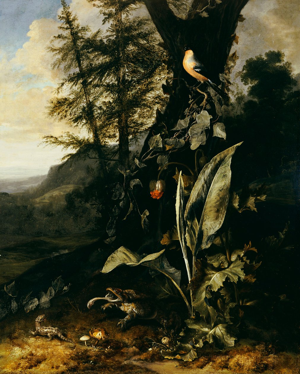 Un pavimento di foresta con un rospo e una lucertola, un ciuffolotto su un ramo di edera sopra, e una montagna oltre da Matthias Withoos