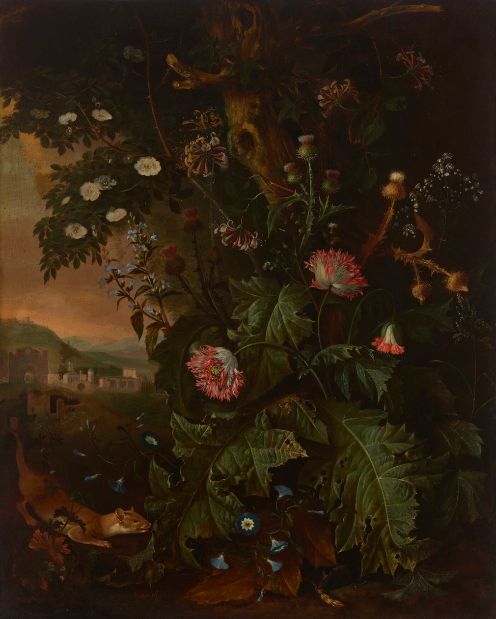 Un bosco con una donnola, un topo, un papavero da oppio e un cardo, con edifici classici al di là da Matthias Withoos