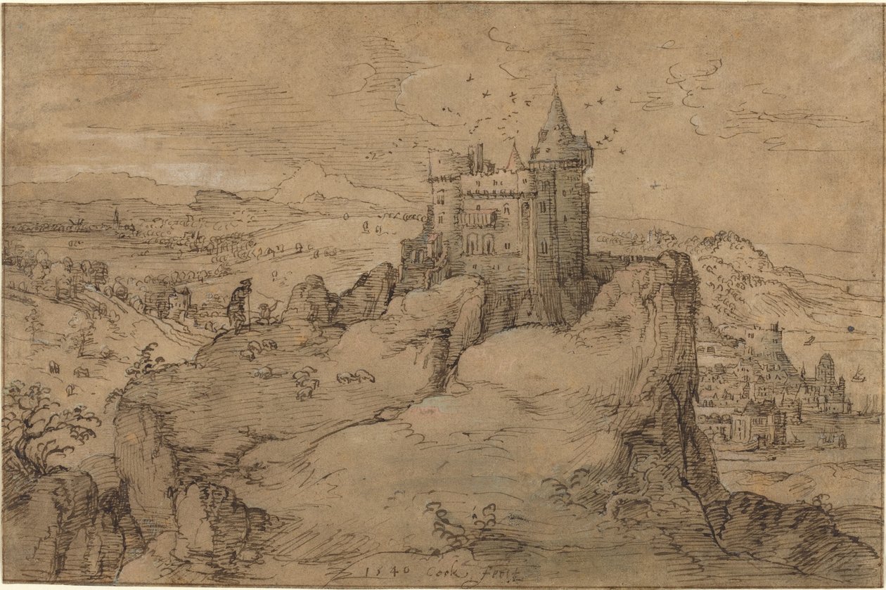 Paesaggio con castello sopra un porto da Matthys Cock