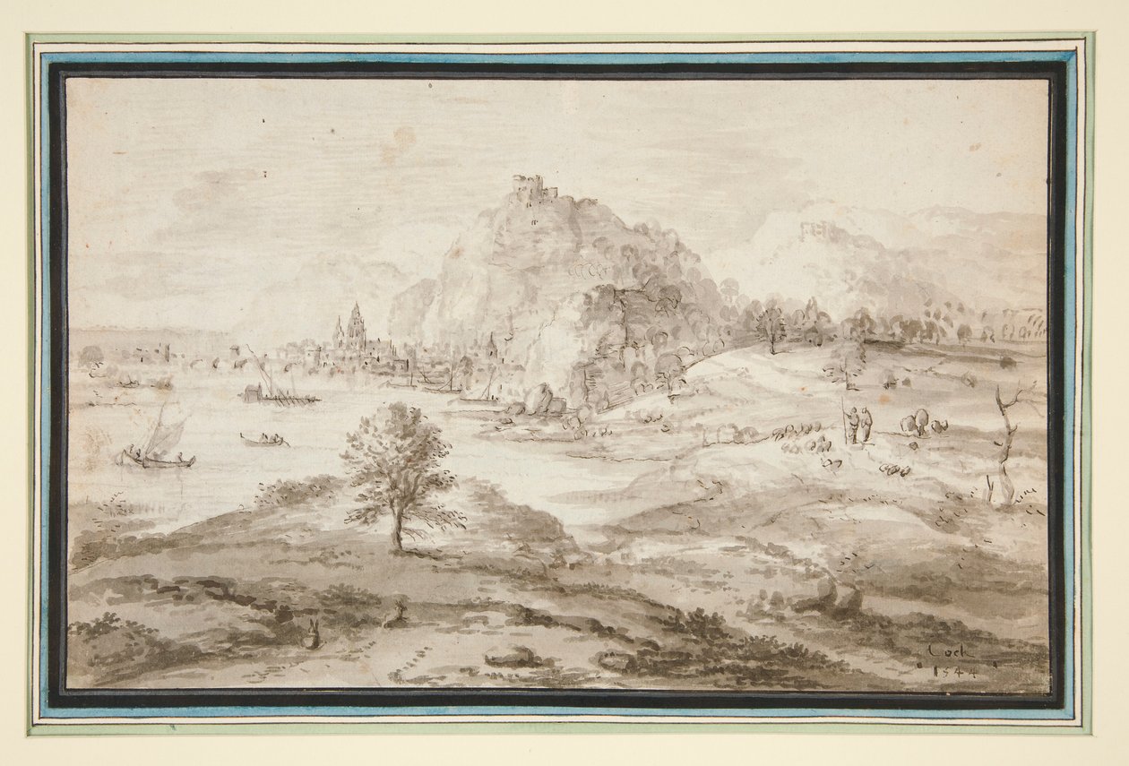 Paesaggio montuoso con porto e città da Matthys Cock