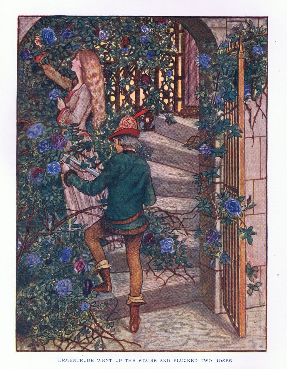 Ermentrude salì le scale e colse le rose, illustrazione da Le Fiabe di Lady Ann, 1914 da Maud Tindal Atkinson
