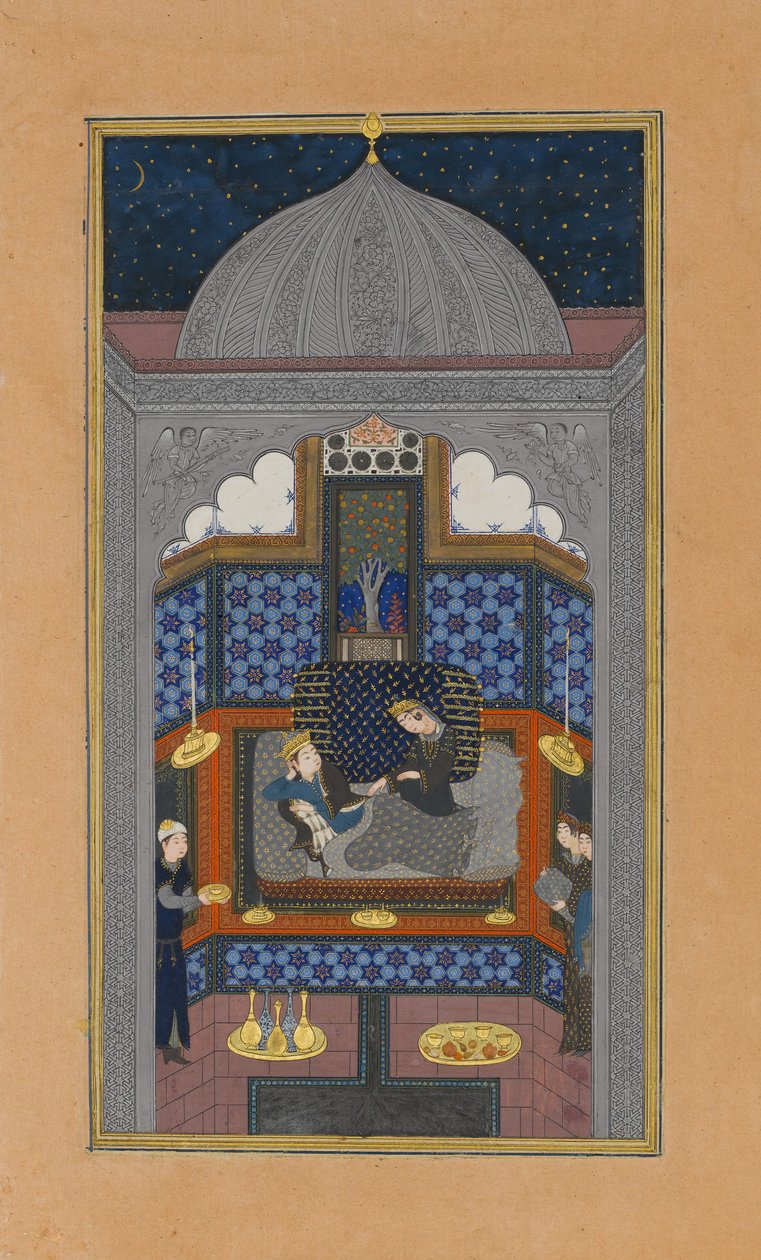 Bahram Gur e la Principessa Indiana nel Palazzo Oscuro di Sabato, Folio 23v..., ca. 1430 da Maulana Azhar