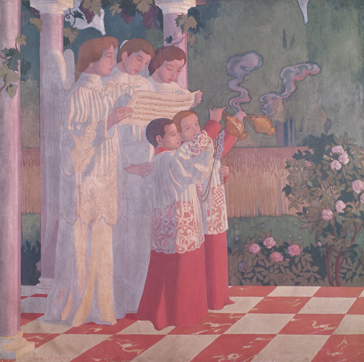 Esaltazione della Santa Croce e Glorificazione della Messa, lato sinistro del pannello centrale di un altare della Cappella del Collegio Sainte-Croix du Vesinet da Maurice Denis