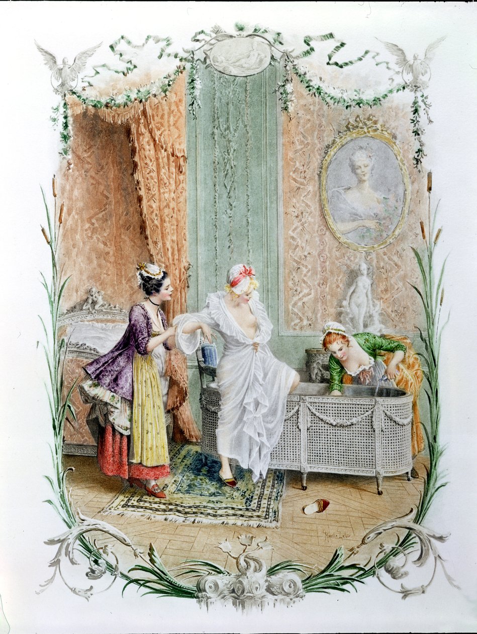 Il bagno del mattino, illustrazione della vita elegante parigina nella seconda metà del XVIII secolo, c.1890 da Maurice Leloir