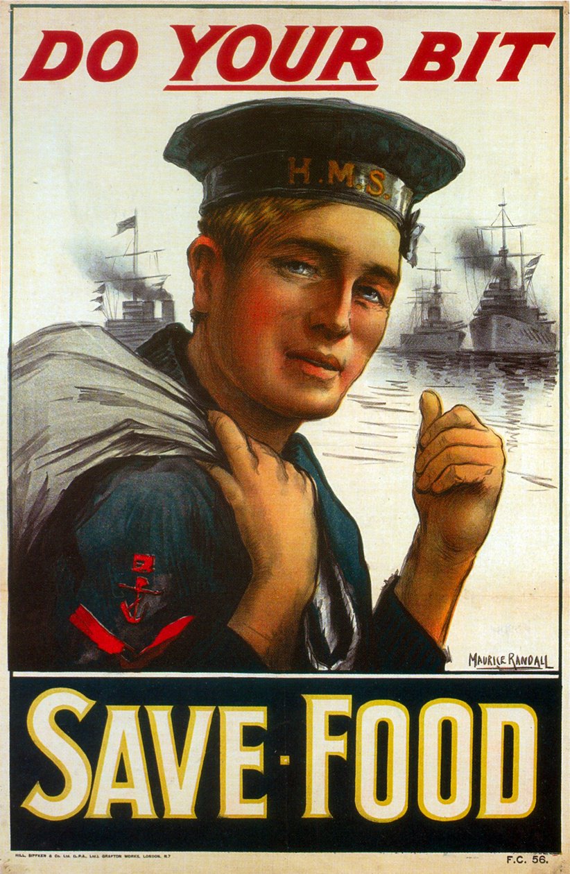 Poster della Prima Guerra Mondiale che esorta a fare la propria parte - Risparmia cibo, 1917 da Maurice Randall