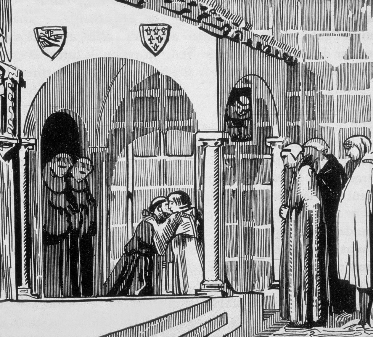 Re francese San Luigi (Luigi IX 1214-1270) come pellegrino in visita a San Frere Gilles a Perugia, inciso da Jacques Beltrand dopo un disegno di Maurice Denis da Maurice (after) Denis
