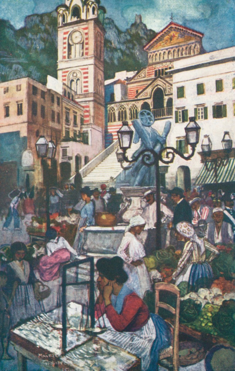Amalfi, Piazza and Duomo (colour litho) da Maurice (after) Greiffenhagen