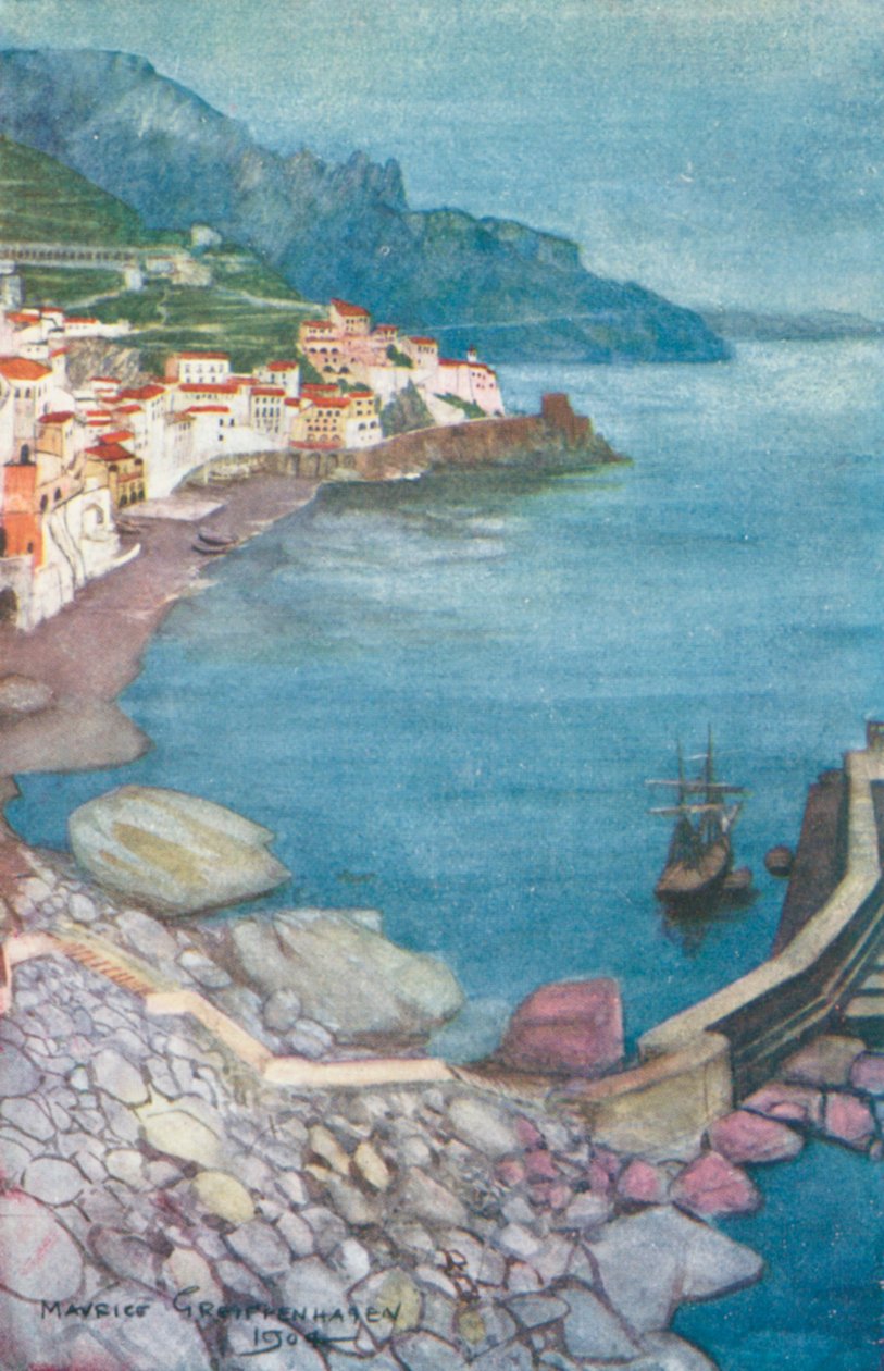 Sera ad Amalfi (litografia a colori) da Maurice (after) Greiffenhagen