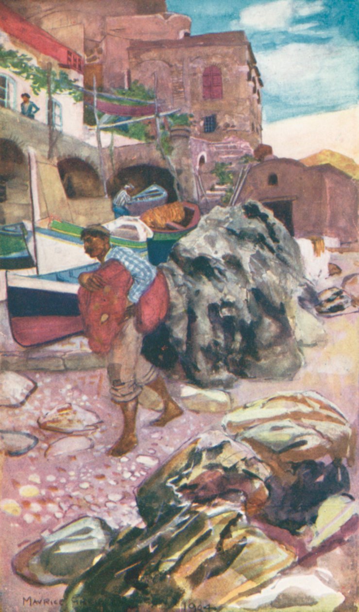 Sulla Piccola Marina, Capri (litografia a colori) da Maurice (after) Greiffenhagen