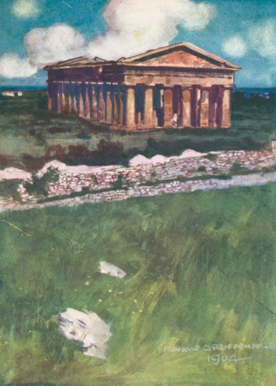 Il Tempio di Nettuno, Paestum (litografia a colori) da Maurice (after) Greiffenhagen