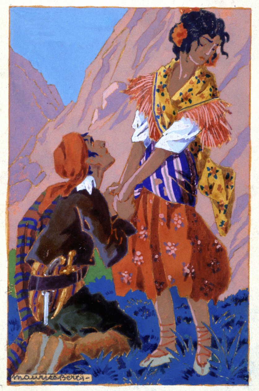 Incontro tra Don Jose e Carmen, c. 1930 (illustrazione) da Maurice Berty