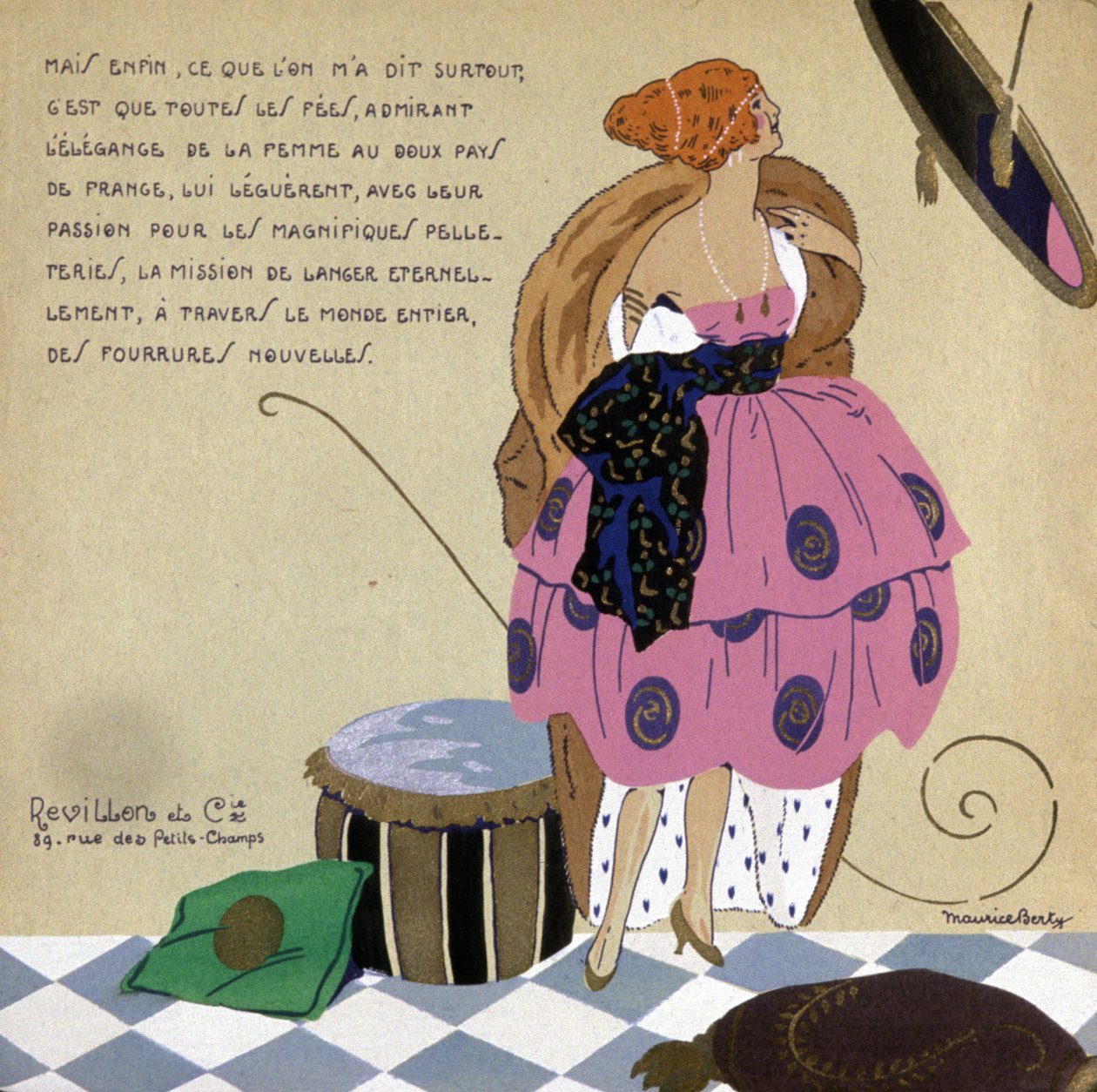Donna davanti al suo specchio, pubblicità per pellicce Revillon, c. 1920-1930 (illustrazione) da Maurice Berty