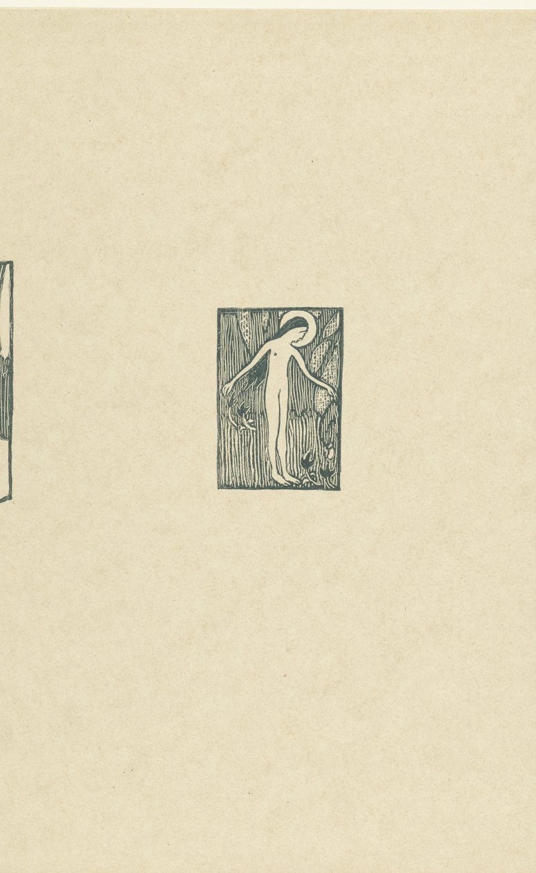 Illustrazione con santa nuda femminile in piedi vicino a un albero accanto a una poesia nella raccolta di Paul Verlaine da Maurice Denis