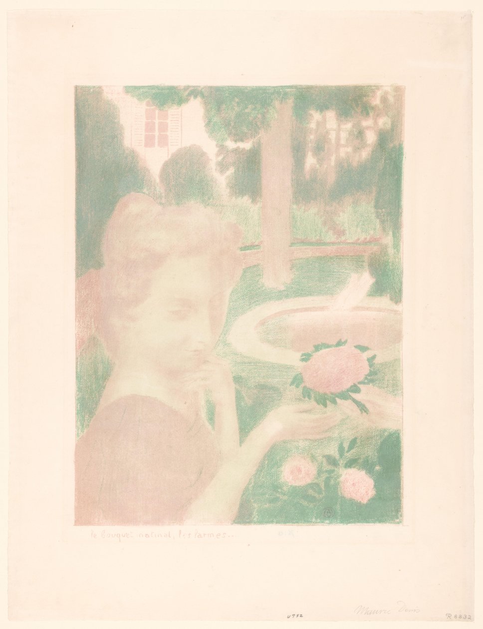 Giovane donna riceve un mazzo di fiori in un giardino da Maurice Denis