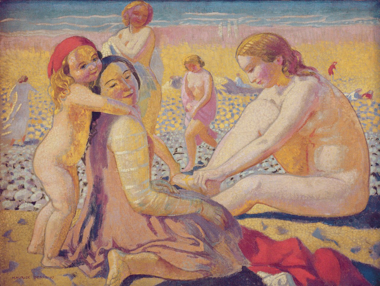 Sulla spiaggia con un cappello rosso da Maurice Denis