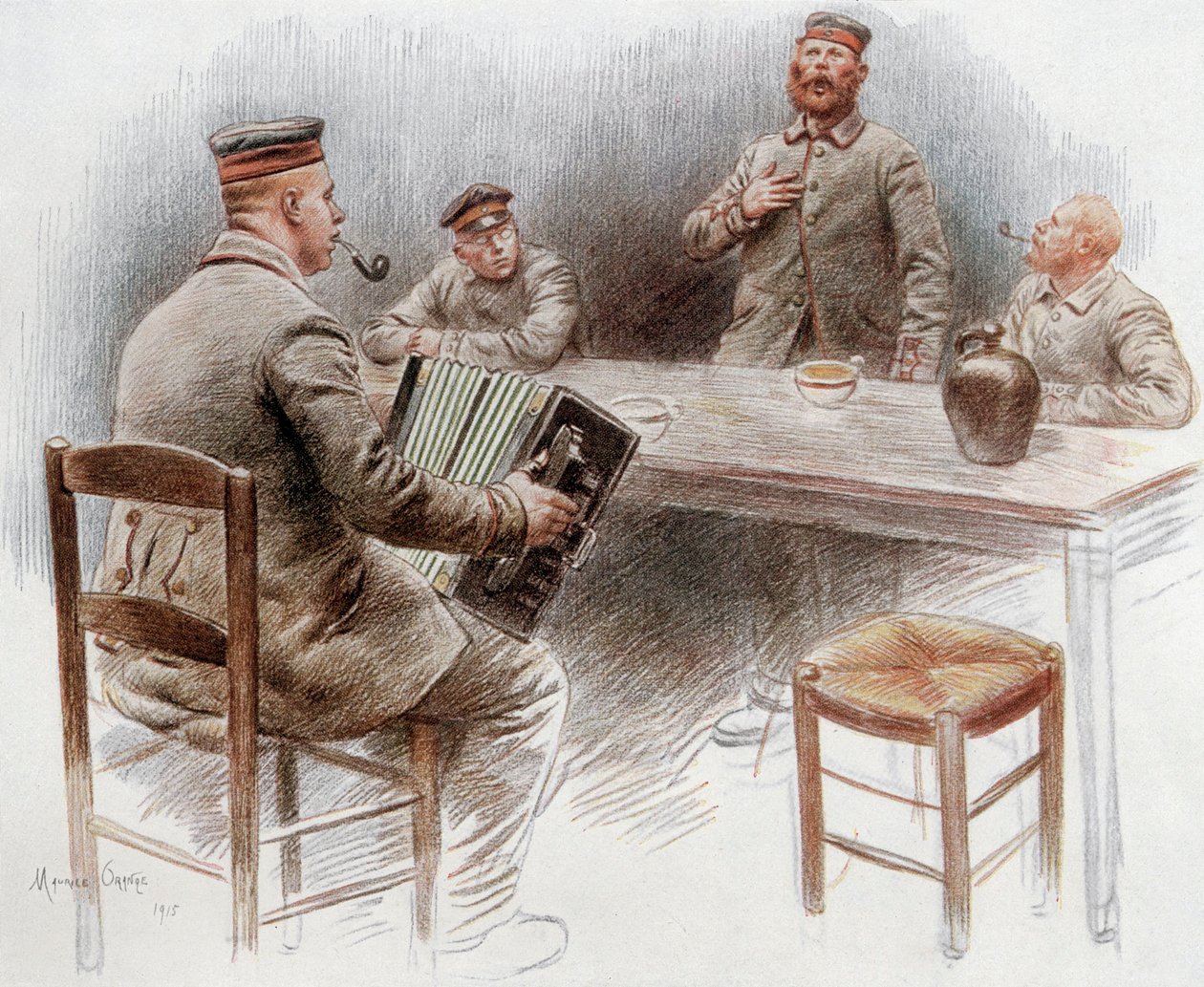 Prigionieri che suonano la fisarmonica e cantano nel campo di prigionia di Dinan da Maurice Henri Orange